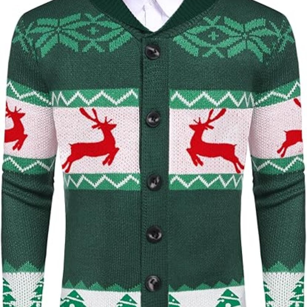 COOFANDY Men's Christmas Cardigan Reindeer Snowflake Collar Knitted size:M